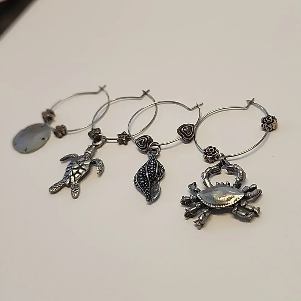 Sea Ocean Wine Glass Charms Theme Turtle Seashell Shell Crab Sand Dollar Silver